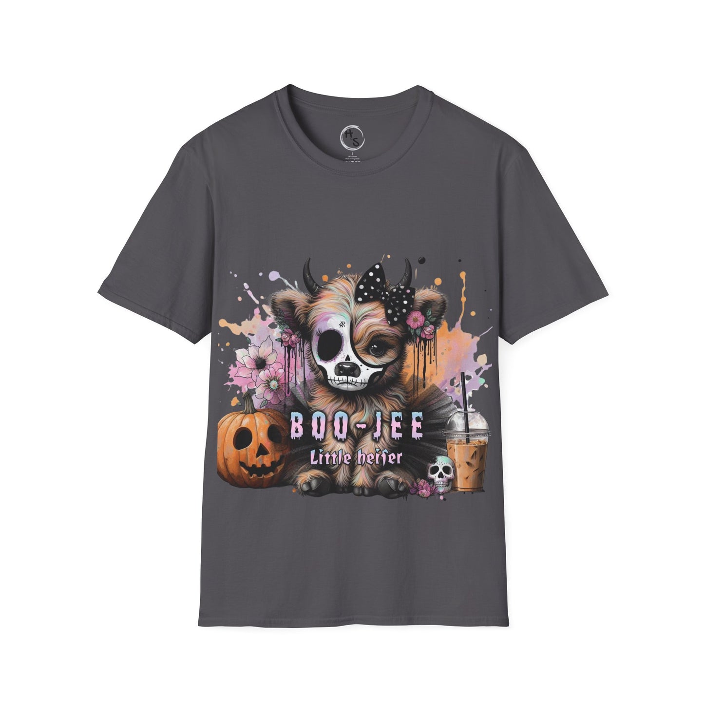 Gray t-shirt with a Halloween-themed design featuring a cow with a skull mask and pumpkins on a white background.