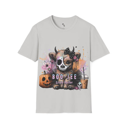 Gray t-shirt with a graphic of a cow with a skull mask and Halloween elements on a white background.