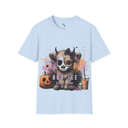 Light blue t-shirt with a Halloween-themed design featuring a cow with a skull face and 'BOO-JEE Little Heifer' text.