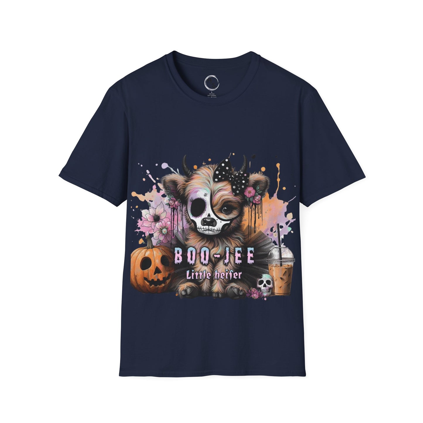 Navy blue t-shirt with a Halloween-themed design featuring a cow with a skull face and pumpkins on a white background.
