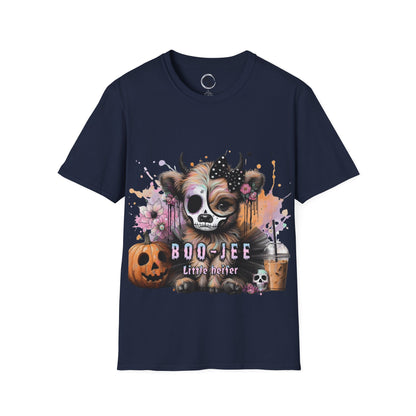Navy blue t-shirt with a Halloween-themed design featuring a cow with a skull face and pumpkins on a white background.