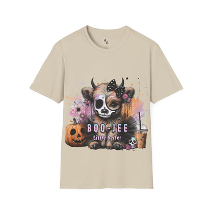 Beige t-shirt with a graphic of a cow with a skull mask and Halloween elements on a white background.