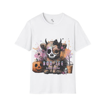 White t-shirt with a Halloween-themed graphic of a cow with a skull mask and pumpkins.