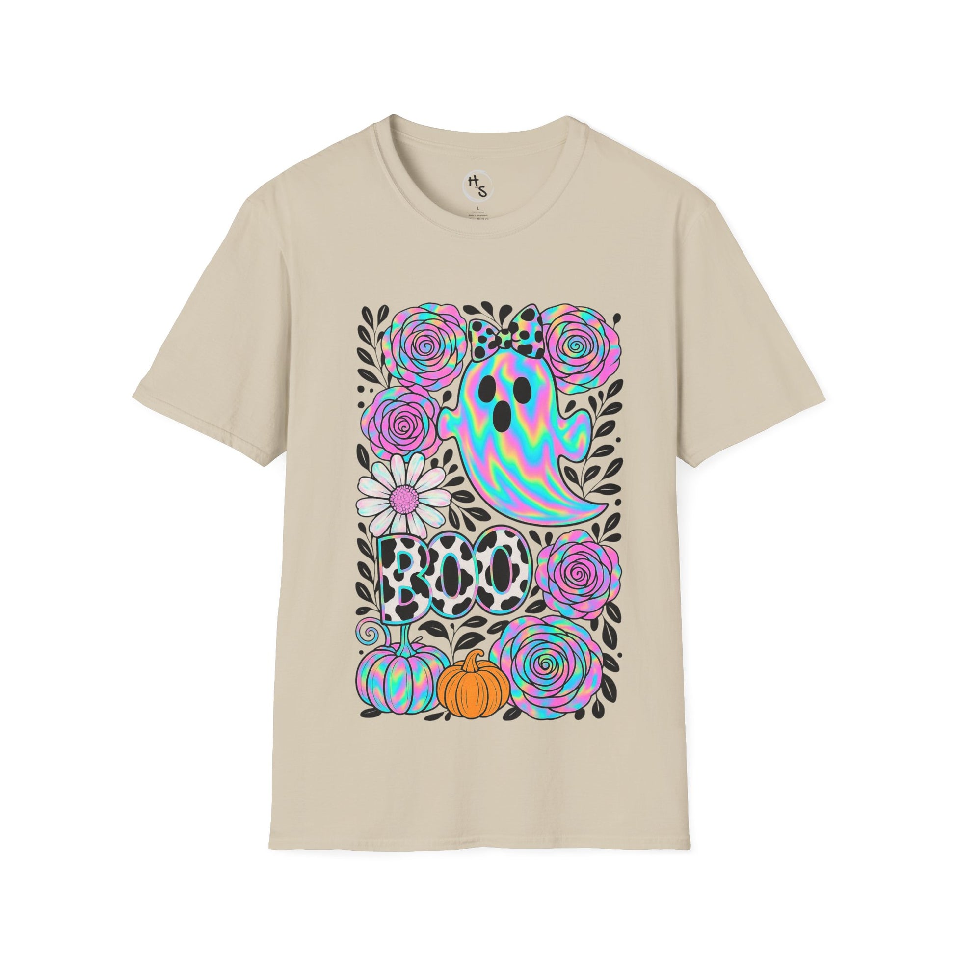 Beige t-shirt with colorful floral and ghost design on a white background