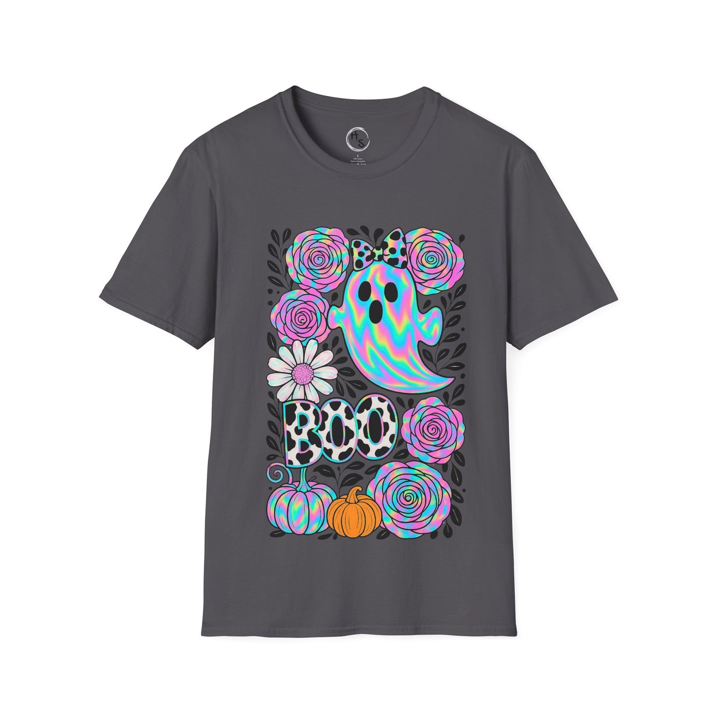 Gray t-shirt with colorful Halloween-themed design featuring ghosts, flowers, and pumpkins on a white background.