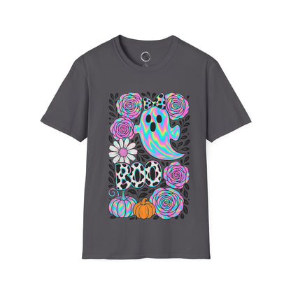 Gray t-shirt with colorful Halloween-themed design featuring ghosts, flowers, and pumpkins on a white background.