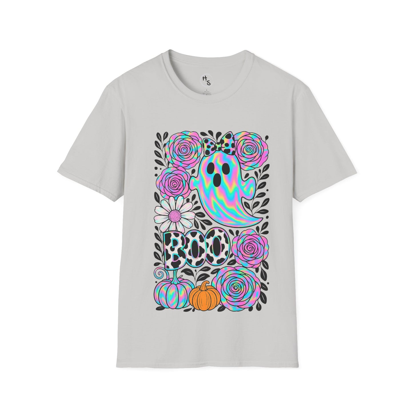Gray t-shirt with colorful Halloween-themed design featuring ghosts, pumpkins, and flowers on a white background.