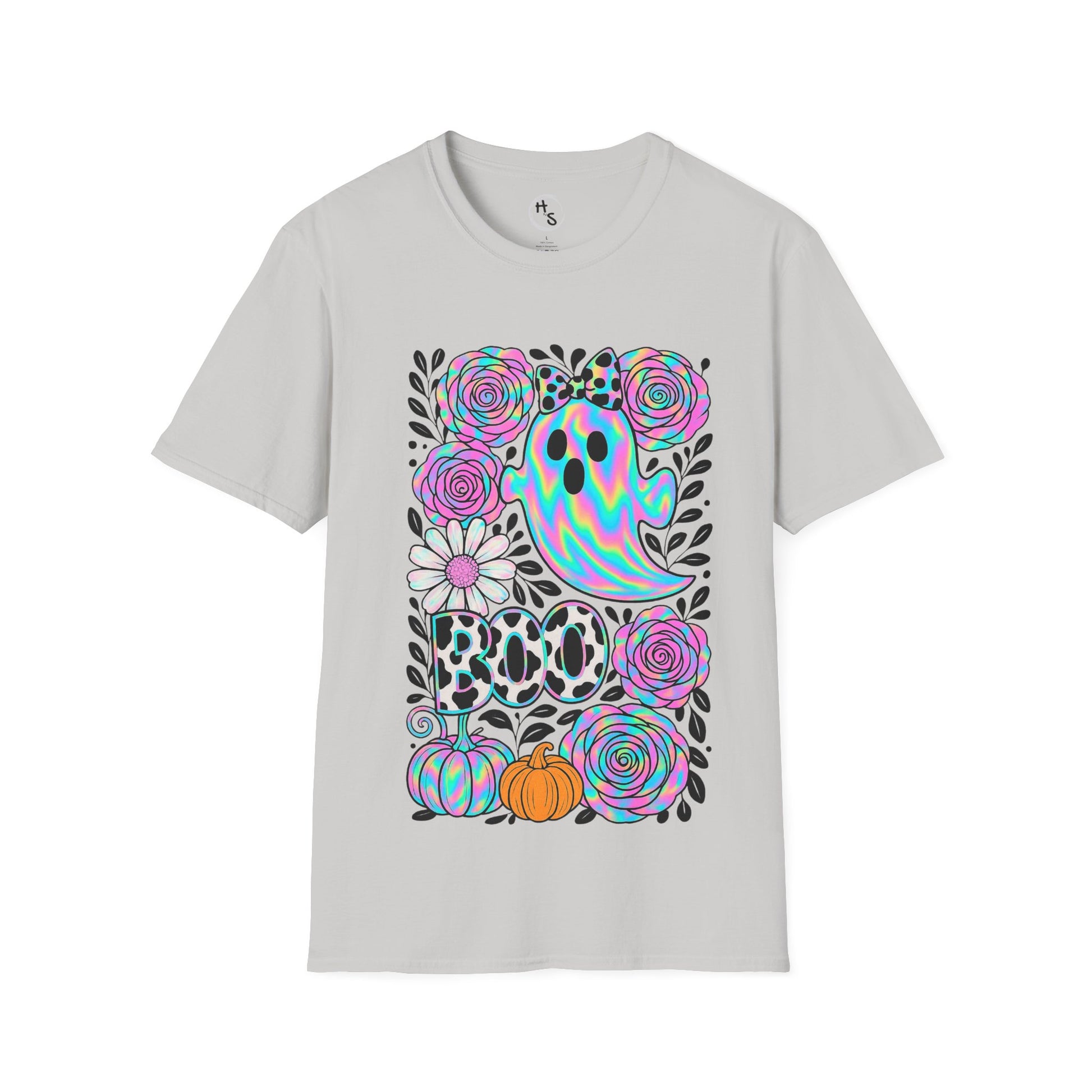 Gray t-shirt with colorful Halloween-themed design featuring ghosts, pumpkins, and flowers on a white background.