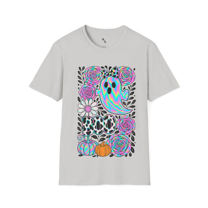 Gray t-shirt with colorful Halloween-themed design featuring ghosts, pumpkins, and flowers on a white background.