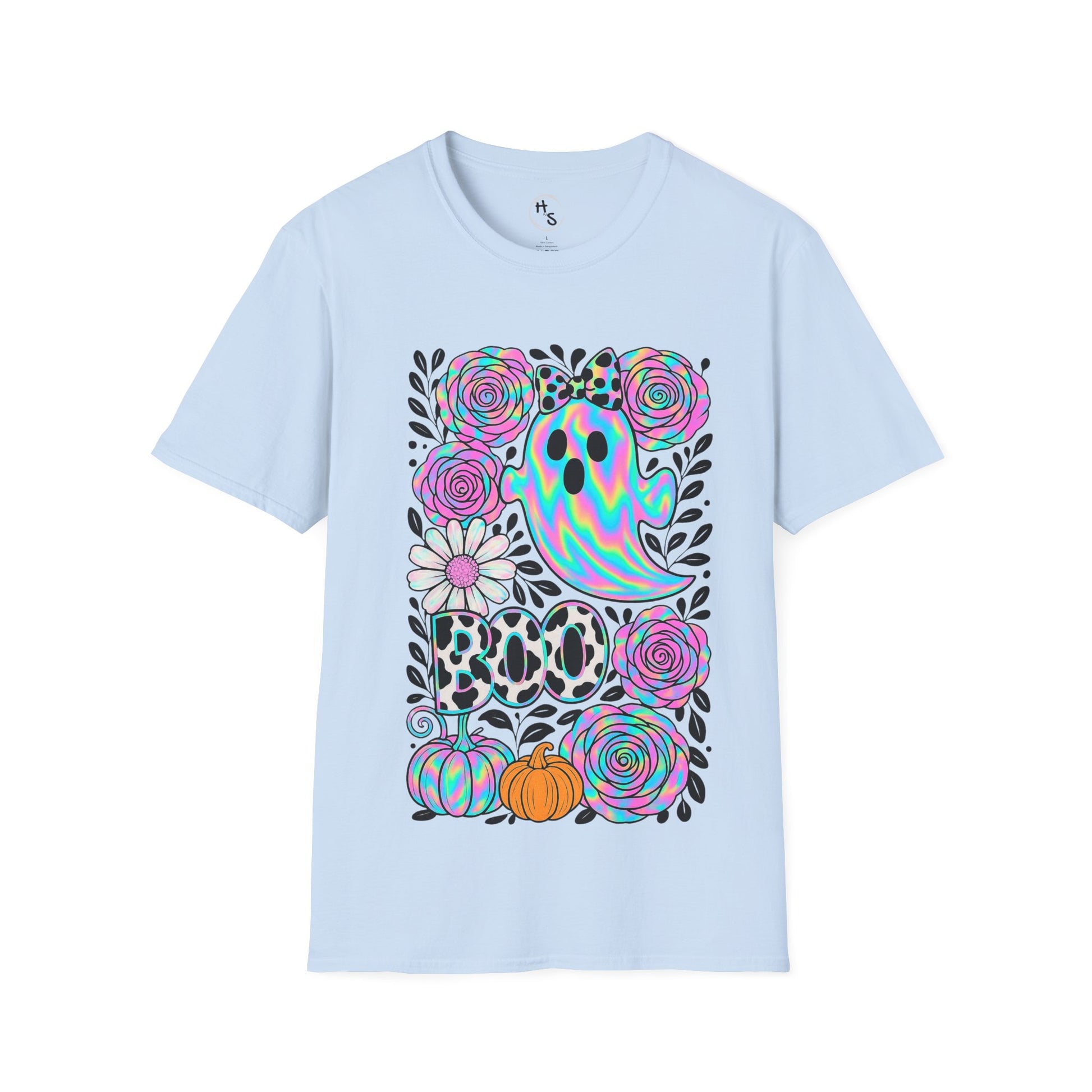 Light blue t-shirt with colorful floral and pumpkin design on a white background