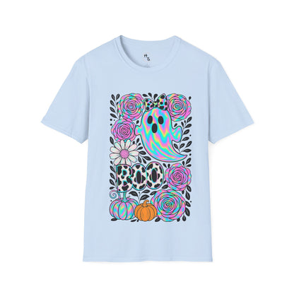 Light blue t-shirt with colorful floral and pumpkin design on a white background