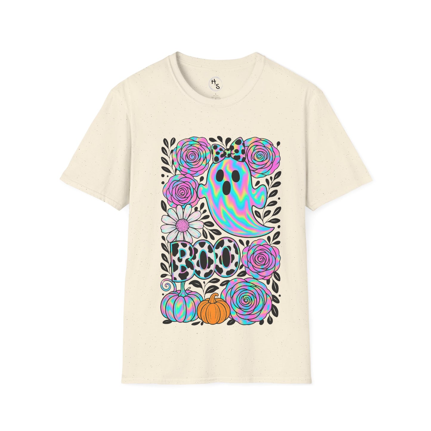 Beige t-shirt with colorful floral and ghost design on a white background