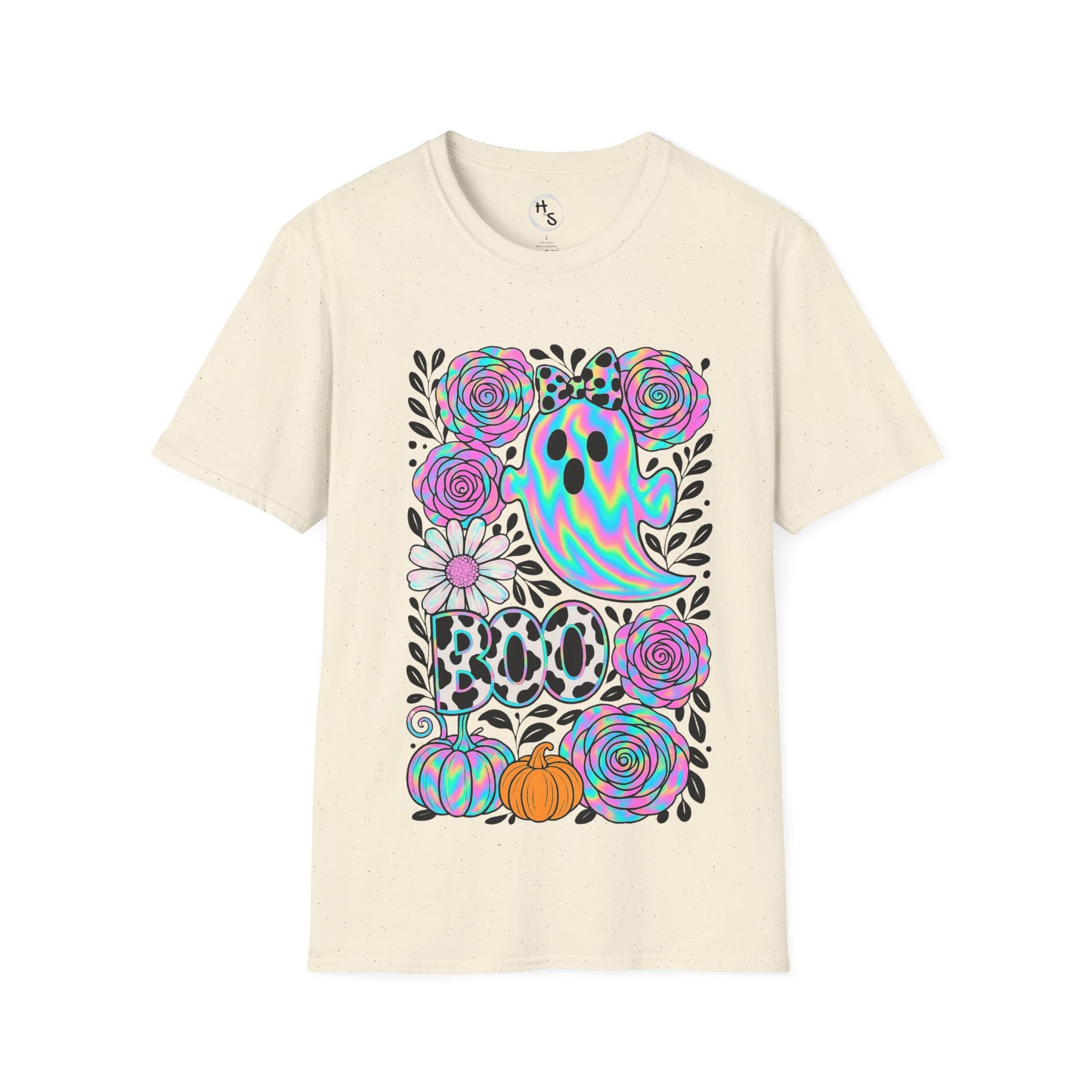Beige t-shirt with colorful floral and ghost design on a white background