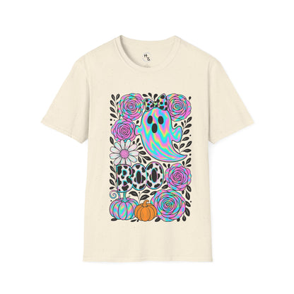 Beige t-shirt with colorful floral and ghost design on a white background
