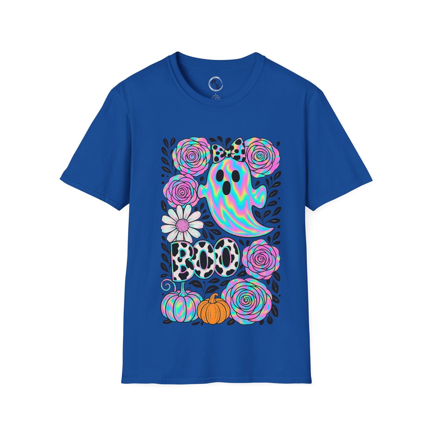 Blue t-shirt with Halloween-themed design featuring ghosts, flowers, and pumpkins on a white background.