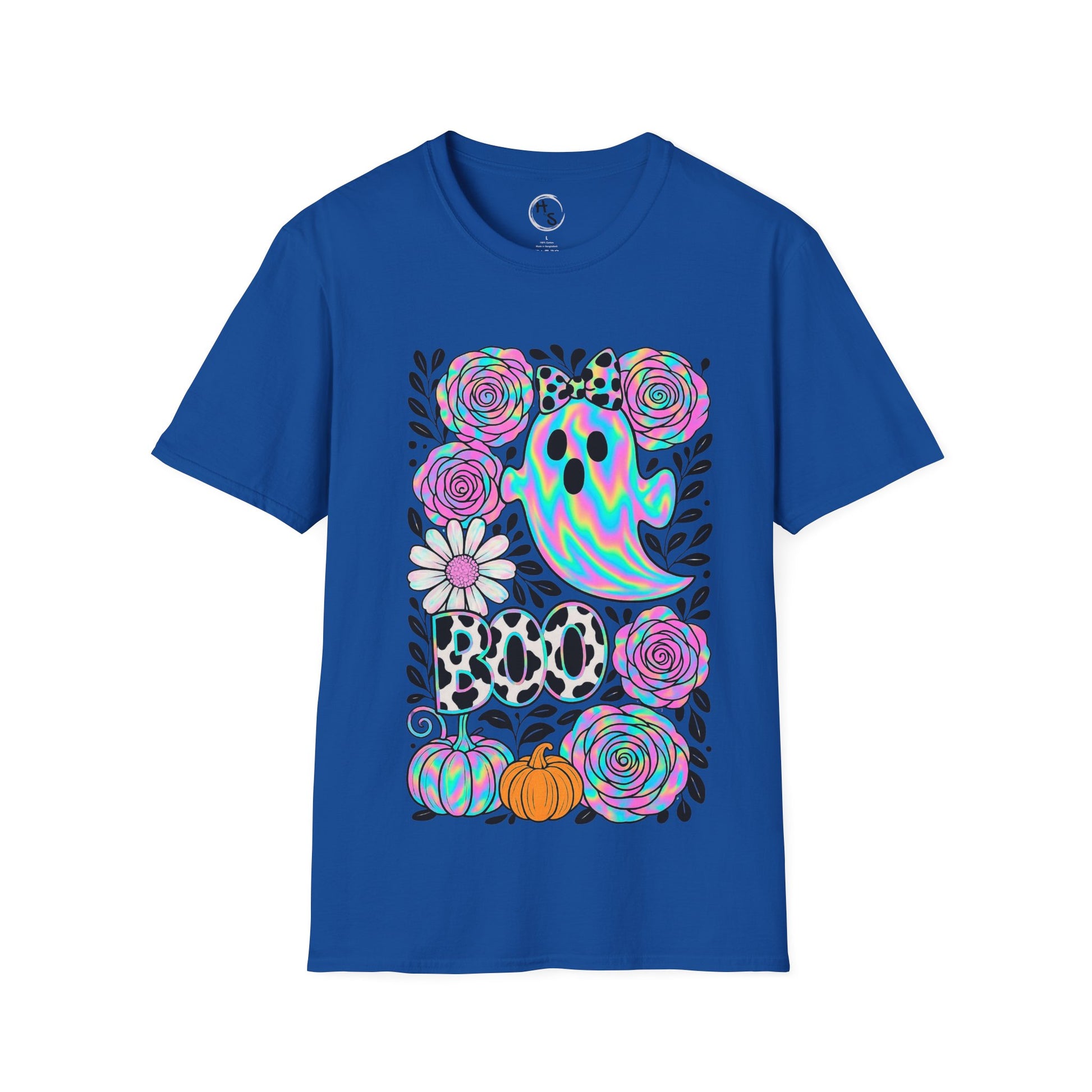 Blue t-shirt with Halloween-themed design featuring ghosts, flowers, and pumpkins on a white background.