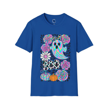 Blue t-shirt with Halloween-themed design featuring ghosts, flowers, and pumpkins on a white background.