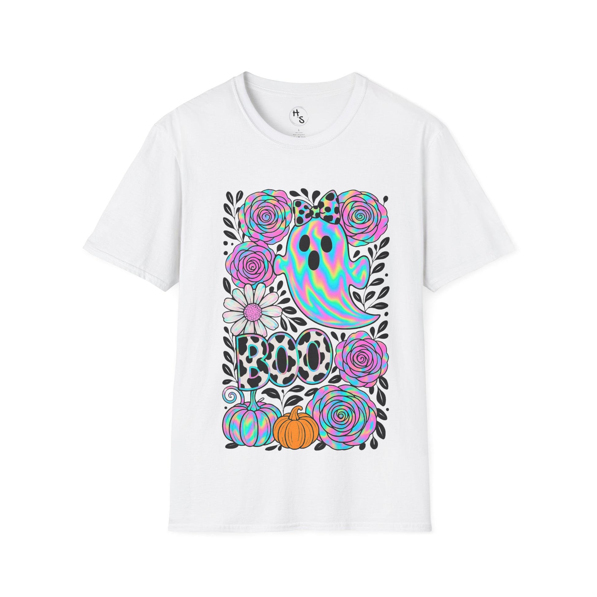 White t-shirt with colorful floral and pumpkin design on a white background