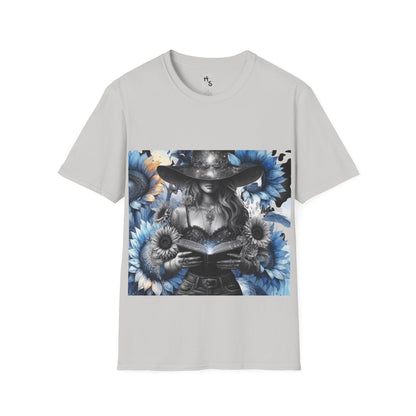 Gray t-shirt with a graphic design of a person holding a book surrounded by flowers on a white background