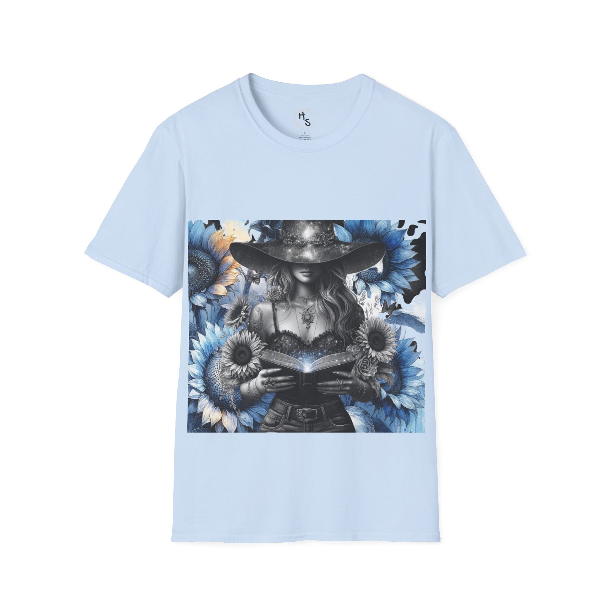 Light blue t-shirt with a graphic design of a person holding a book surrounded by flowers on a white background.