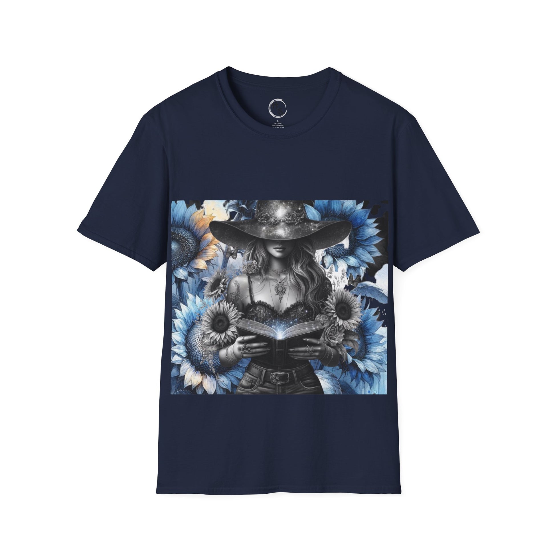 Navy blue t-shirt with a graphic design of a woman holding a book surrounded by flowers on a white background.