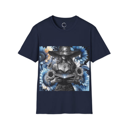 Navy blue t-shirt with a graphic design of a woman holding a book surrounded by flowers on a white background.