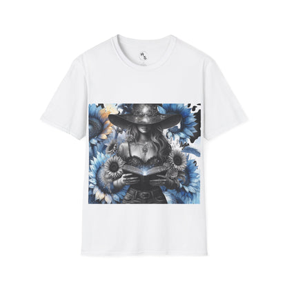 White t-shirt with a graphic design of a person holding a book surrounded by flowers on a white background