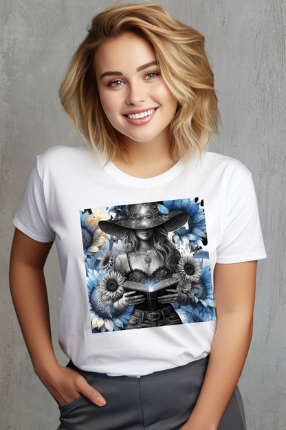 Person wearing a white t-shirt with a graphic design on a gray background