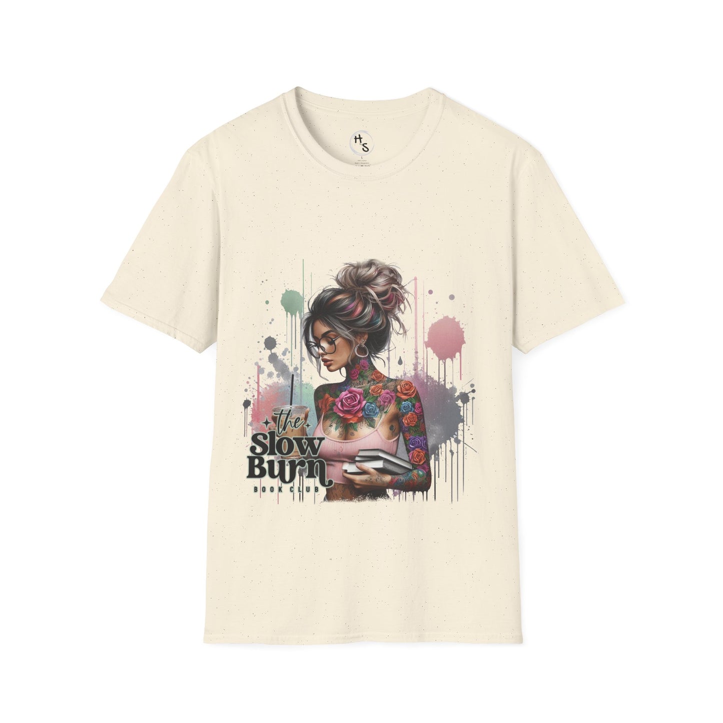 Beige t-shirt with a graphic design of a woman with tattoos and text on a white background