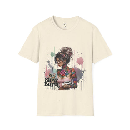 Beige t-shirt with a graphic design of a woman with tattoos and text on a white background