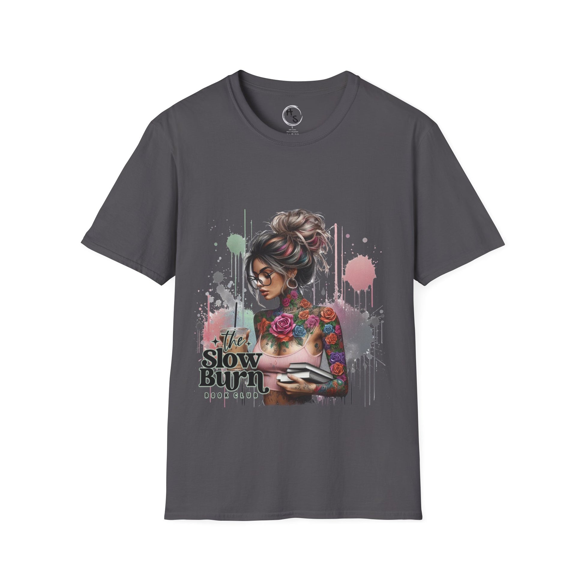Gray t-shirt with a graphic design of a woman holding a coffee and text 'The Slow Burn' on a white background.