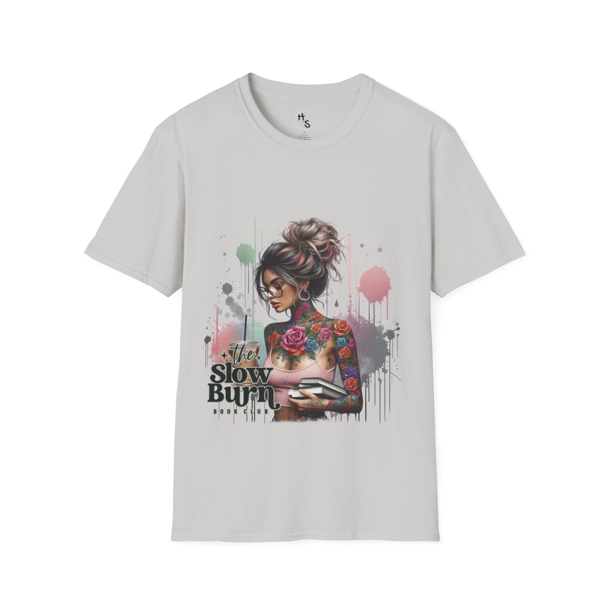 Gray t-shirt with a graphic design of a woman with tattoos and text on a white background