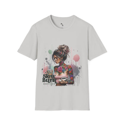 Gray t-shirt with a graphic design of a woman with tattoos and text on a white background