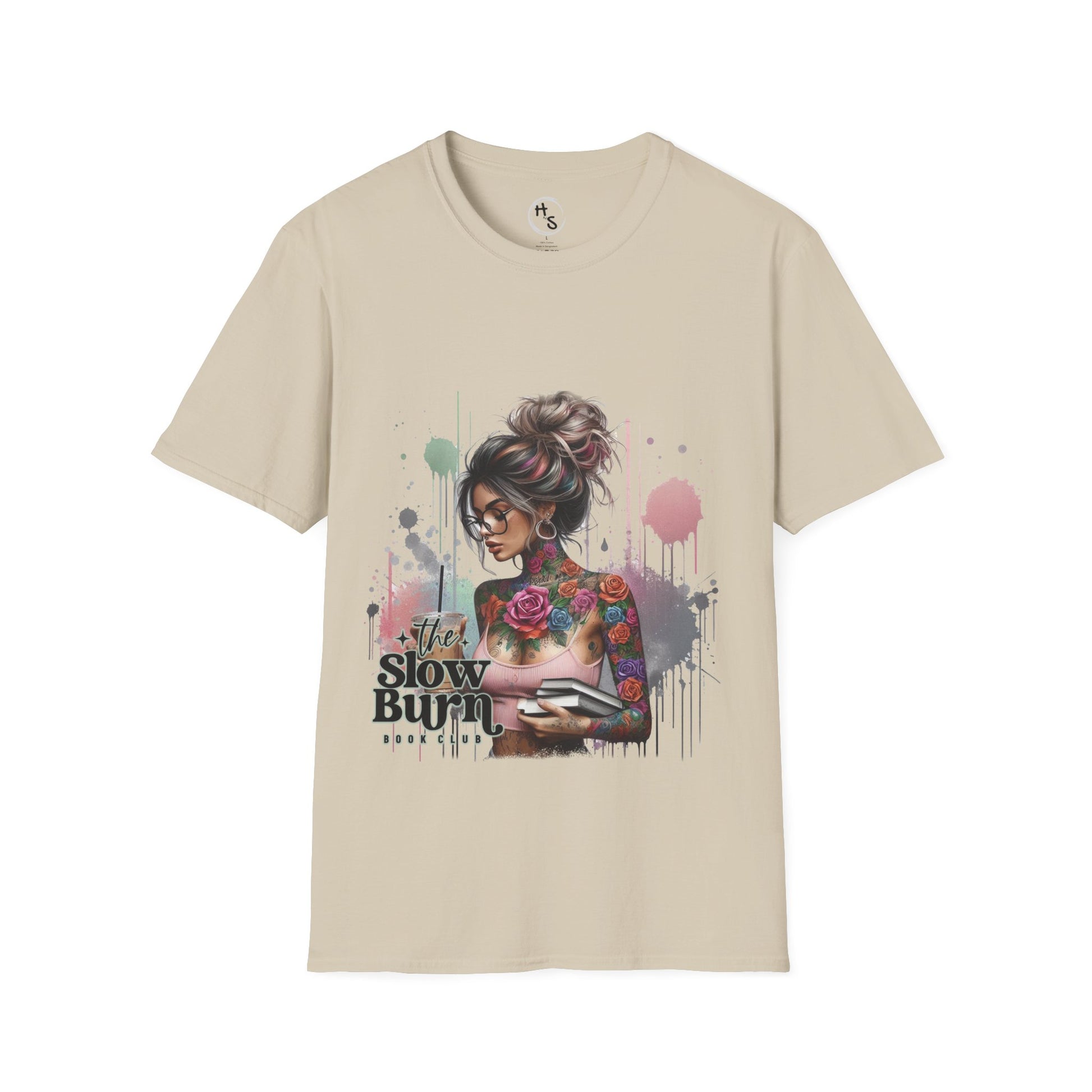 Beige t-shirt with a graphic design of a woman with tattoos and text on a white background