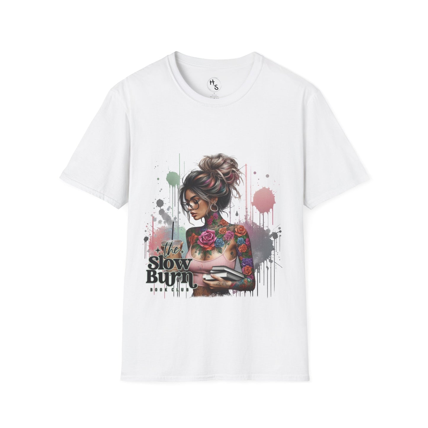 White t-shirt with a graphic design of a woman with tattoos and text on a white background