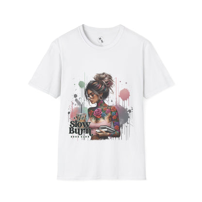 White t-shirt with a graphic design of a woman with tattoos and text on a white background