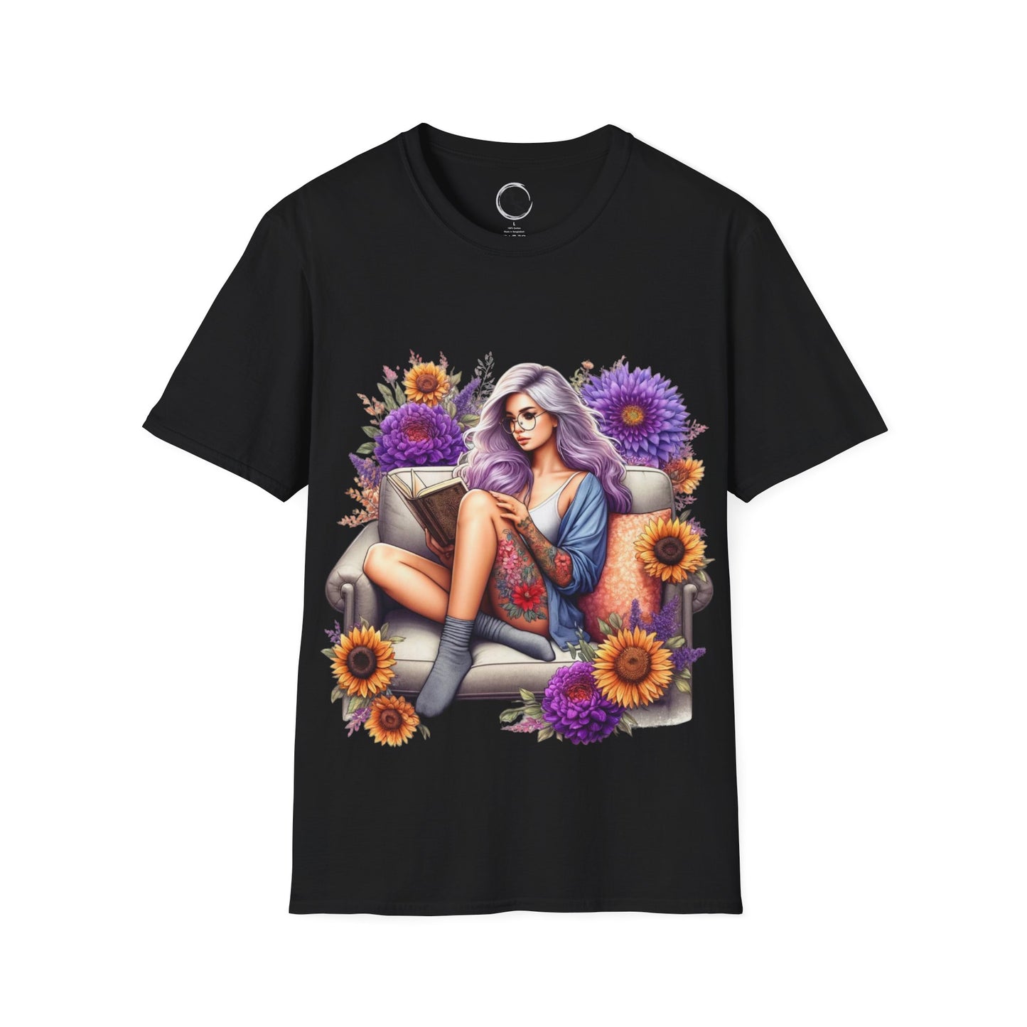 Black t-shirt with a colorful graphic of a woman sitting on a couch surrounded by flowers on a white background.