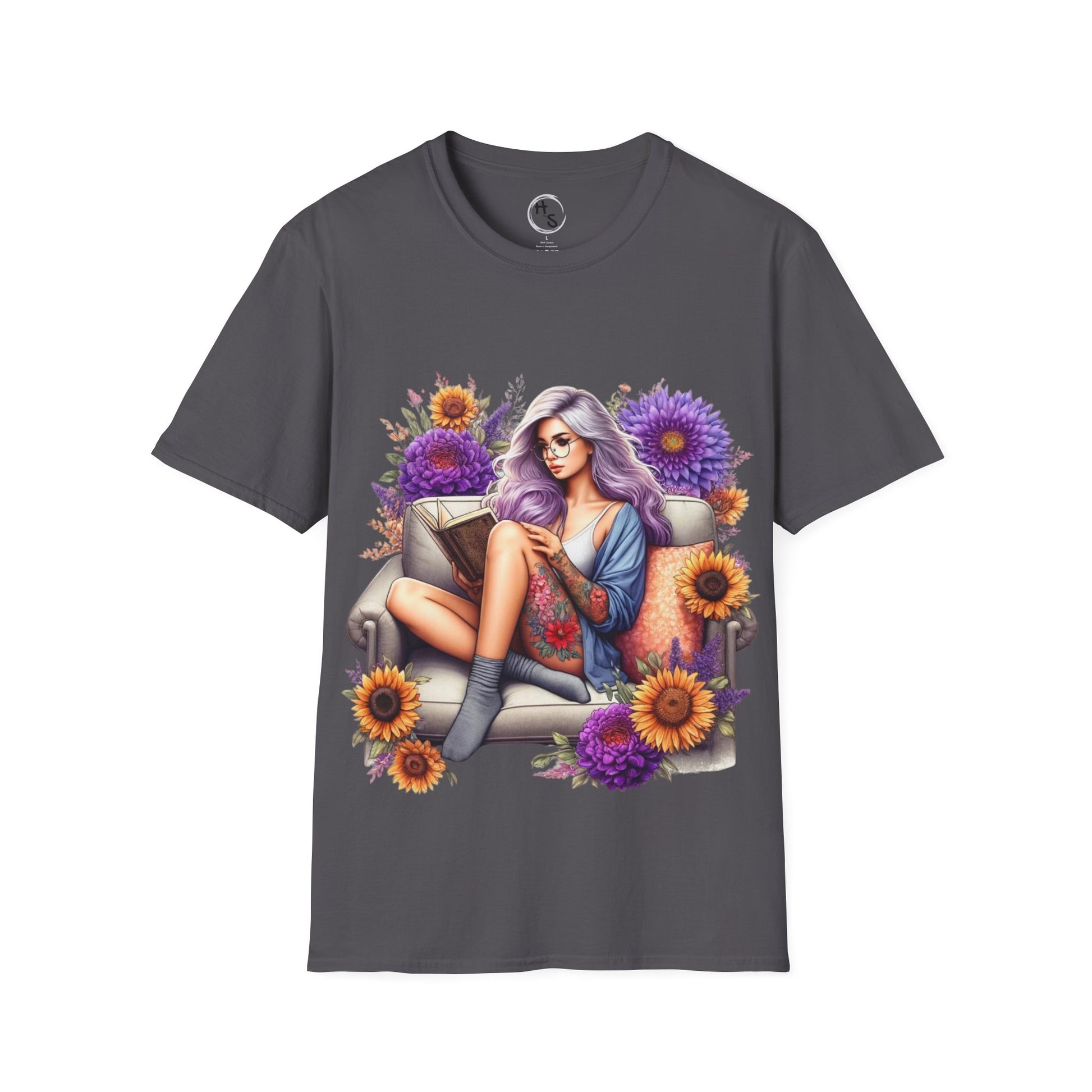 Gray t-shirt with a colorful graphic of a woman with purple hair and flowers on a white background