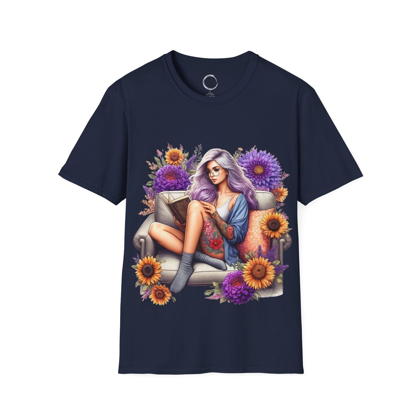 Navy blue t-shirt with a colorful graphic of a woman on a couch surrounded by flowers on a white background