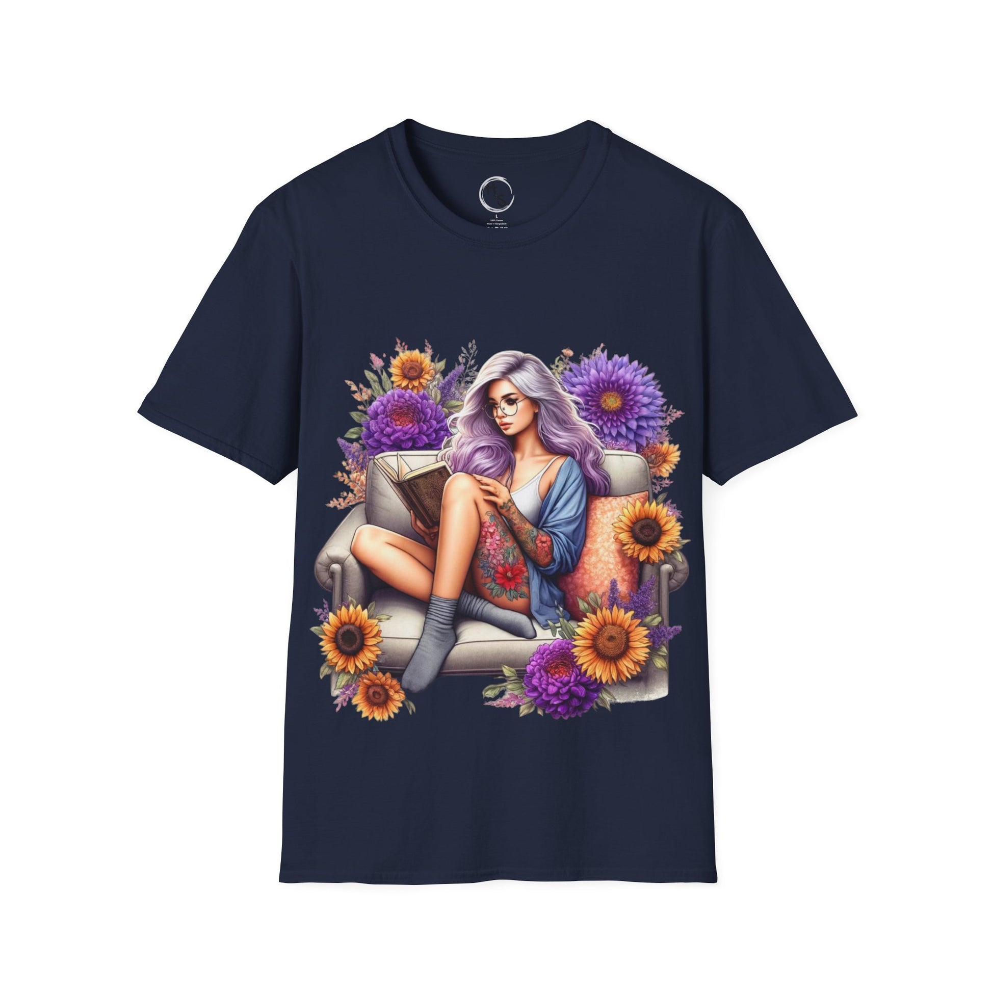 Navy blue t-shirt with a colorful graphic of a woman on a couch surrounded by flowers on a white background