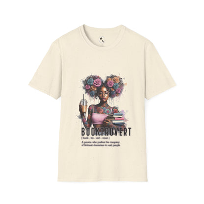 Beige t-shirt with a graphic of a woman with flowers in her hair and the text 'Booktrovert' on a white background.