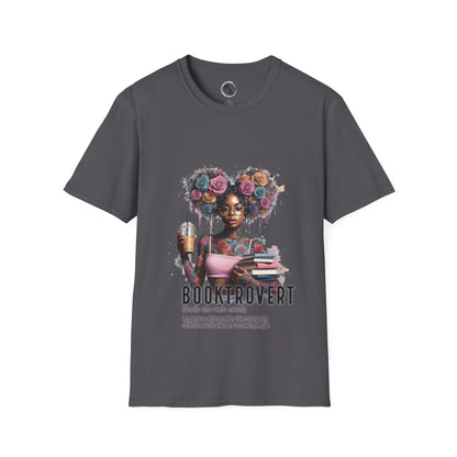 Gray t-shirt with a graphic of a woman with flowers in her hair and the text 'Booktrovert' on a white background.