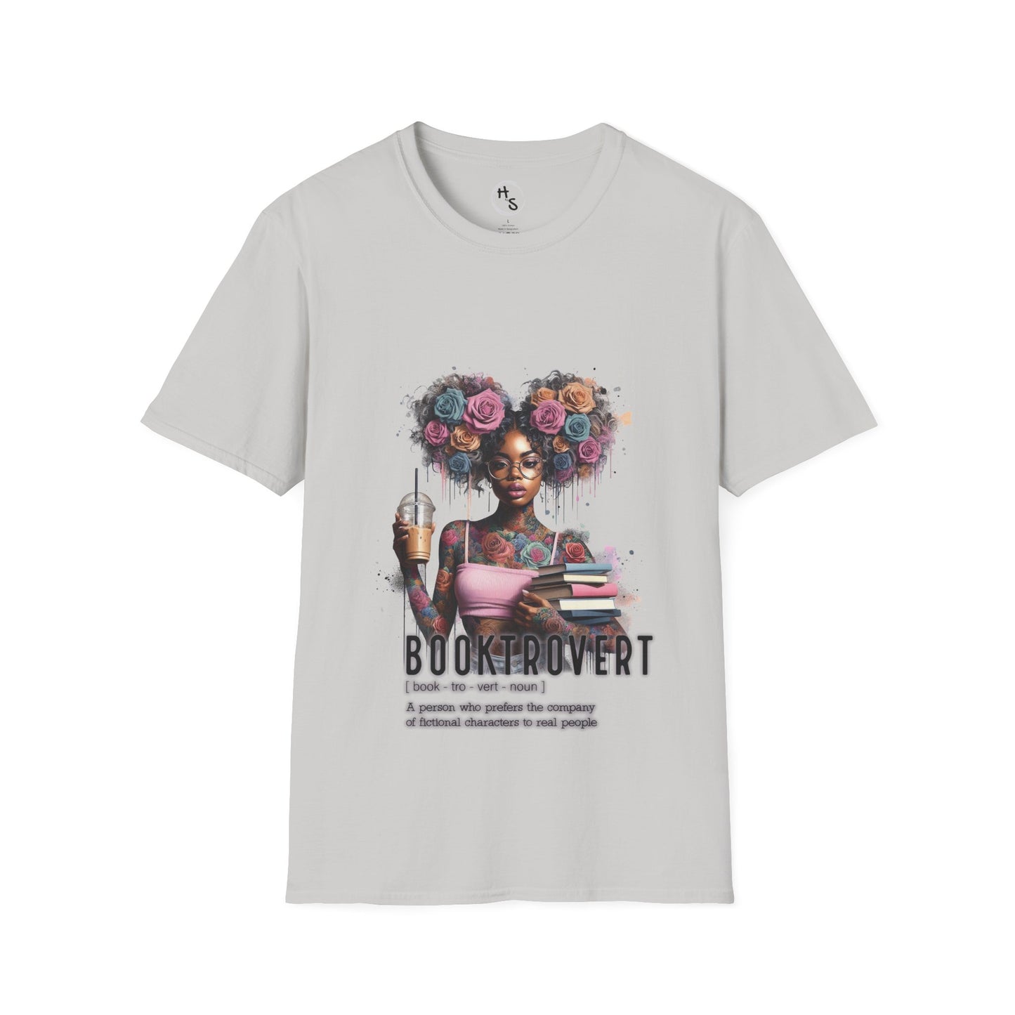 Gray t-shirt with a graphic of a woman with flowers in her hair and the text 'Booktrovert' on a white background.