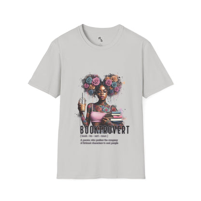 Gray t-shirt with a graphic of a woman with flowers in her hair and the text 'Booktrovert' on a white background.