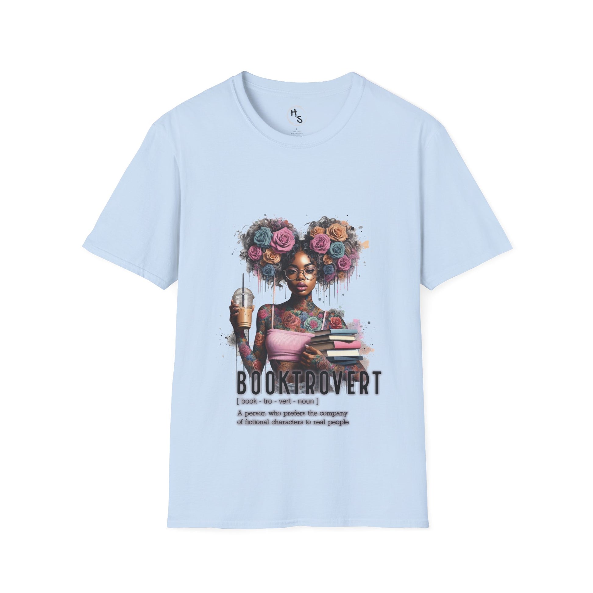 Light blue t-shirt with a graphic of a woman with flowers in her hair and text on a white background