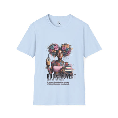 Light blue t-shirt with a graphic of a woman with flowers in her hair and text on a white background