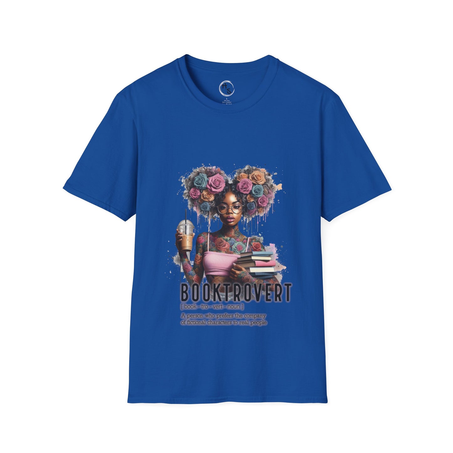 Blue t-shirt with a graphic of a woman with flowers in her hair and the text 'BOOKTROVERT' on a white background.
