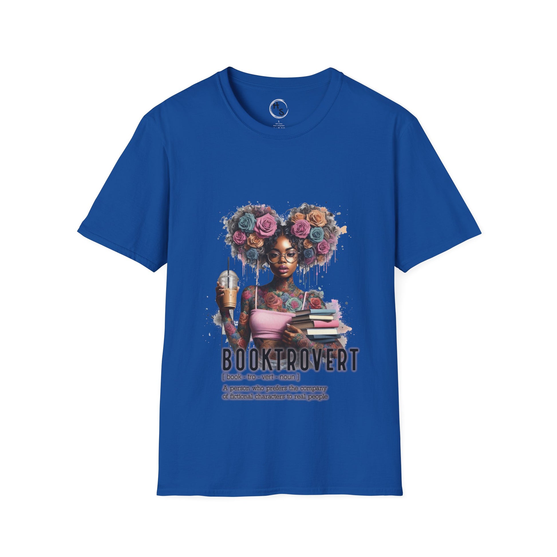 Blue t-shirt with a graphic of a woman with flowers in her hair and the text 'BOOKTROVERT' on a white background.