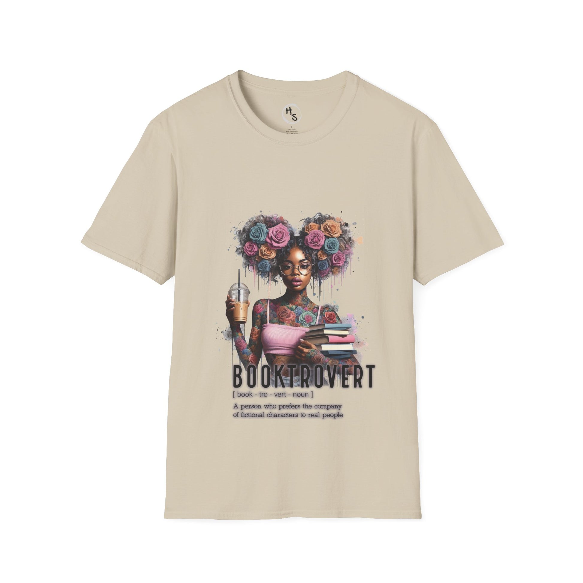 Beige t-shirt with a graphic of a woman with flowers in her hair and the text 'Booktrovert' on a white background.