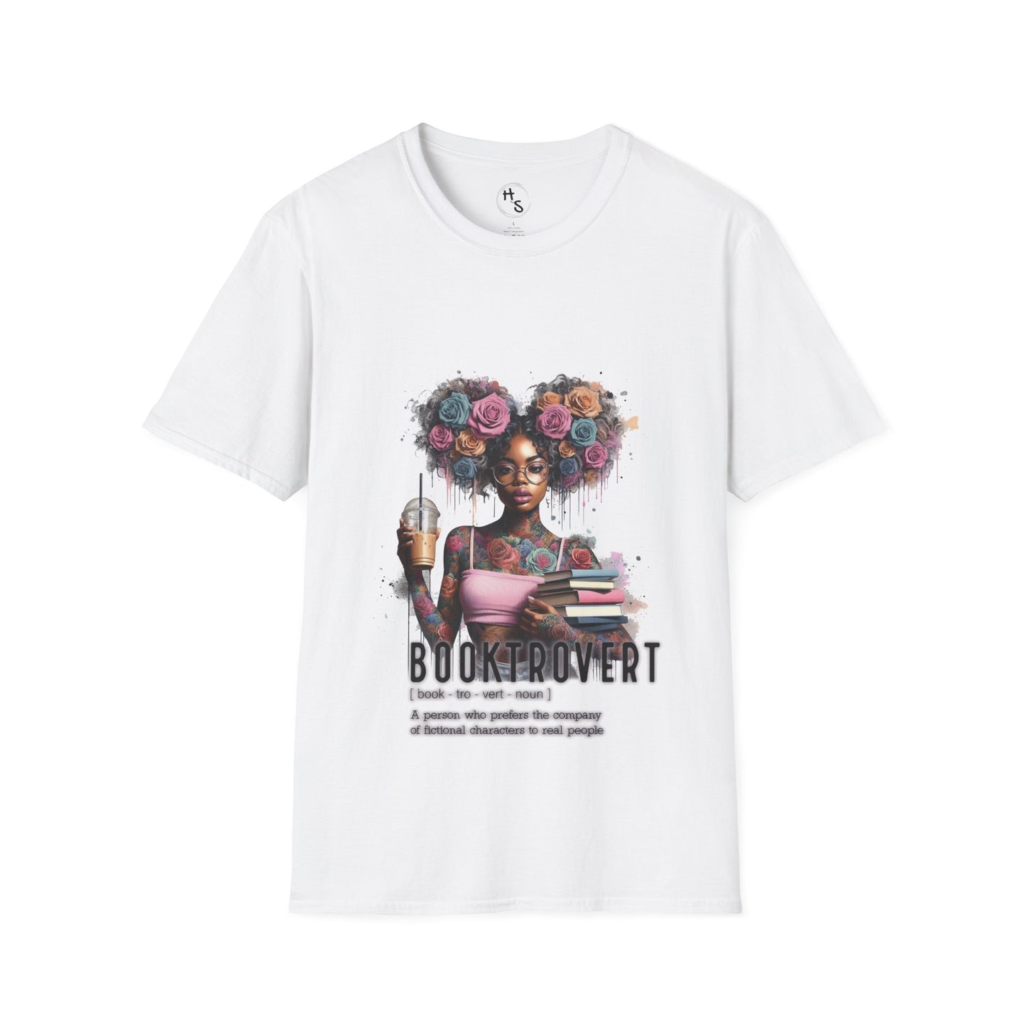 White t-shirt with a graphic of a woman with flowers in her hair and the text 'Booktrovert' on a white background.